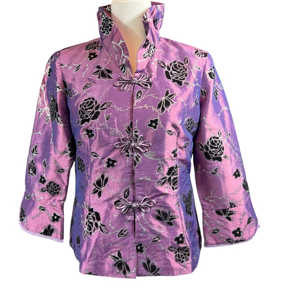 Dai Qi Chinese‎ Jacket Women's XL Purple Metallic Floral Ruffle Neck Costume